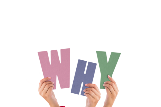 Digital png illustration of hands with why text on transparent background - Powered by Adobe