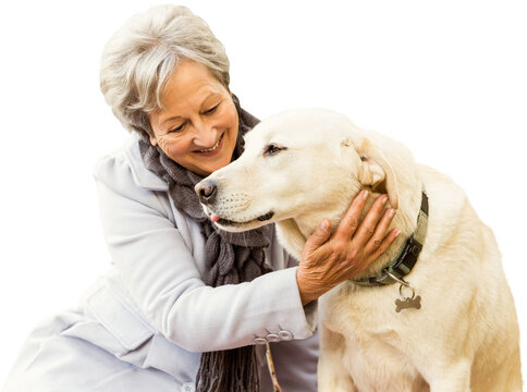 Digital png photo of happy caucasian senior woman with dog on transparent background
