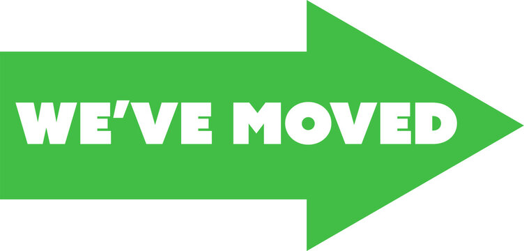 Digital png illustration of green arrow with we have moved text on transparent background