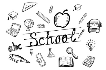 Digital png illustration of symbols with school text on transparent background