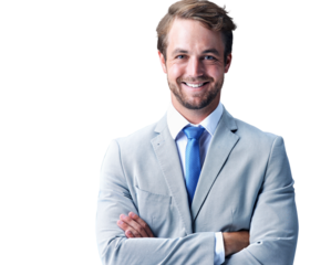 Happy, confidence and portrait of young businessman in a suit with pride, good and positive attitude. Smile, professional and male person with happiness isolated by transparent png background