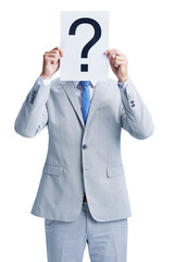 Businessman, hidden identity and man with question mark, alone and isolated on transparent png background. Worker, corporate accountant in formal suit and human resources candidate in workplace