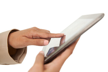 Digital png photo of hands of biracial businesswoman using tablet on transparent background