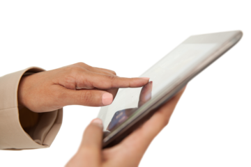 Digital png photo of hands of biracial businesswoman using tablet on transparent background