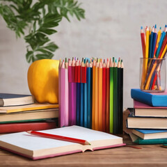Back to school concept. books, colored pencils