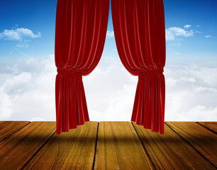 Digital png illustration of red curtains, wooden floor and blue sky on transparent background
