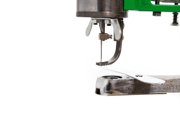 Cobbler sewing machine. Close up of needle and foot without threat. Sewing machine used for...