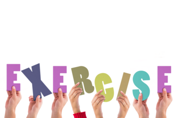 Digital png illustration of hands with exercise text on transparent background