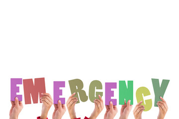 Digital png illustration of hands with emergency text on transparent background