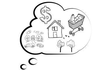 Digital png illustration of speech bubble with domestic symbols on transparent background