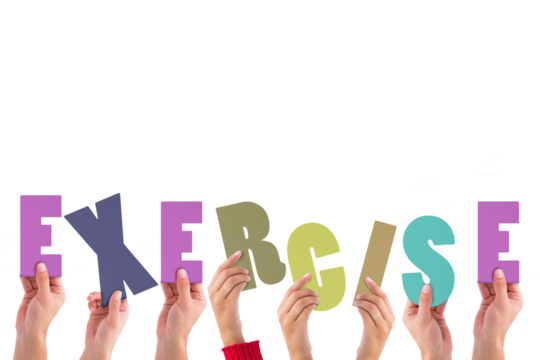 Digital png illustration of hands with exercise text on transparent background