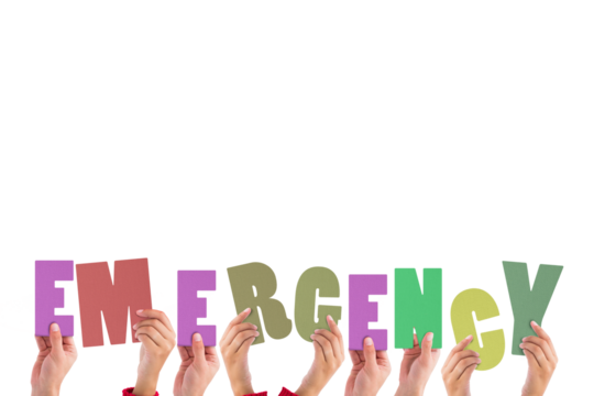 Digital png illustration of hands with emergency text on transparent background - Powered by Adobe