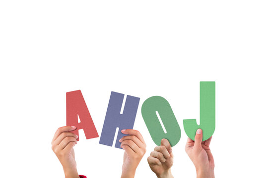 Digital png illustration of hands with ahoj text on transparent background