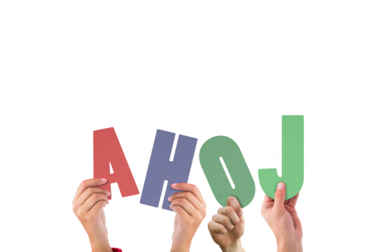 Digital png illustration of hands with ahoj text on transparent background - Powered by Adobe