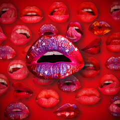 Lips and mouth. Female lip in red background. Woman lips. Open sexy mouth.