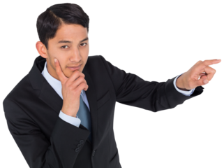 Digital png photo of biracial businessman pointing on transparent background