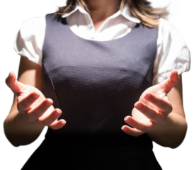 Digital png photo of midsection of caucasian businesswoman with open hands on transparent background