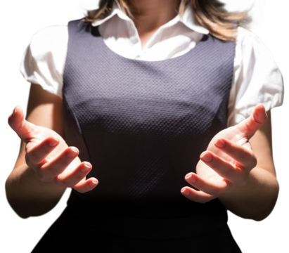 Digital png photo of midsection of caucasian businesswoman with open hands on transparent background