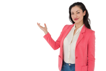 Digital png photo of caucasian businesswoman pointing on transparent background