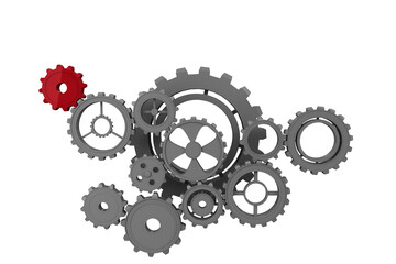 Digital png illustration of red and grey cogs on transparent background