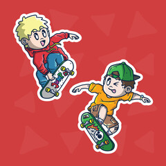 Set of Cute Skater do the skateboard trick Cartoon vector illustration. Skater mascot illustration set.