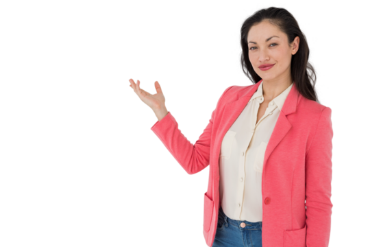 Digital png photo of caucasian businesswoman pointing on transparent background