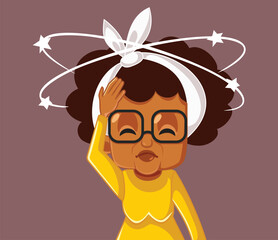 Stressed Granny Feeling Vertigo Sensation Vector Medical Illustration. Elderly citizen having vertigo problems and severe headache feeling unwell 

