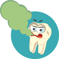 Unhealthy Yellow Teeth Stinking Breath Concept Vector Cartoon. Sick molar suffering from halitosis and bacterial disease 
