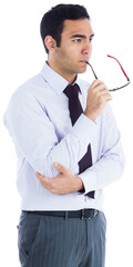 Digital png photo of thinking biracial businessman with glasses on transparent background