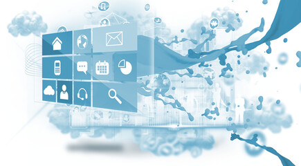 Digital png illustration of blue digital screen with computer icons on transparent background