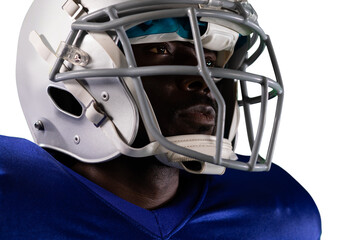 Digital png photo of focused african american american football player on transparent background