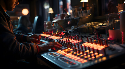 Close up the hands of the audio operator on the audio control panel ,To control the sound of music in pubs.