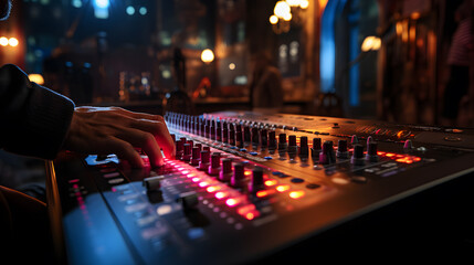 Close up the hands of the audio operator on the audio control panel ,To control the sound of music in pubs. - obrazy, fototapety, plakaty