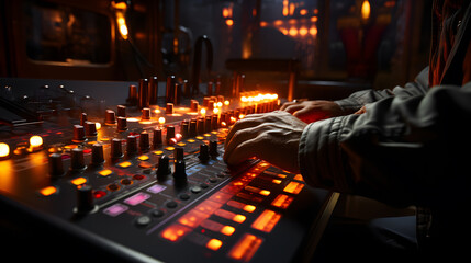Close up the hands of the audio operator on the audio control panel ,To control the sound of music in pubs.