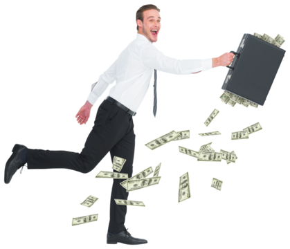 Digital png photo of happy caucasian businessman with money in suitcase on transparent background