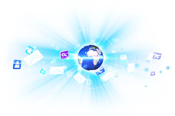 Digital png illustration of shiny earth and computer icon on transparent background