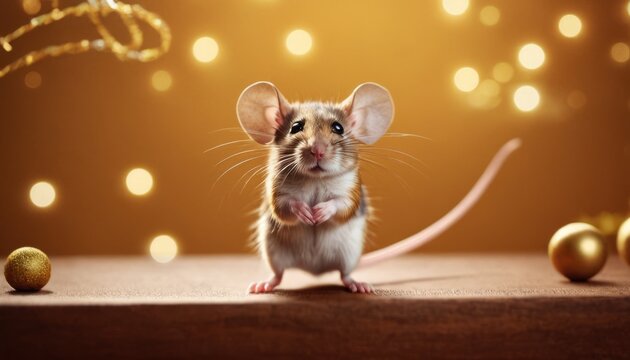 A cheerful cute mouse in a New Year's entourage. A postcard for the New Year holidays. Generative AI.