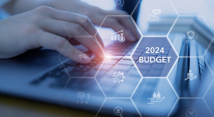 2024 Budget planning and management concept. Company budget allocation for business or project management. Effective and smart budgeting. Plan, review, approve, allocate, analyze and optimize budgets. - obrazy, fototapety, plakaty