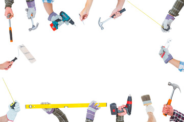 Digital png illustration of hands with work tools and copy space on transparent background