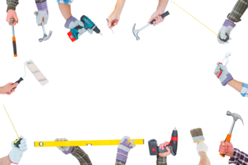 Digital png illustration of hands with work tools and copy space on transparent background
