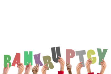 Digital png illustration of hands and bankruptcy text on transparent background