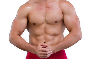 Digital png photo of mid section of muscular sportsman tensing muscles on transparent background - Powered by Adobe