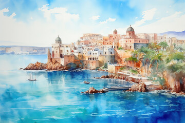 Santorini in watercolor painting - obrazy, fototapety, plakaty