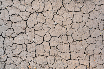Dry mud cracked ground texture. Drought season background. Dry and cracked land, dry due to lack of rain. Effects of climate change.