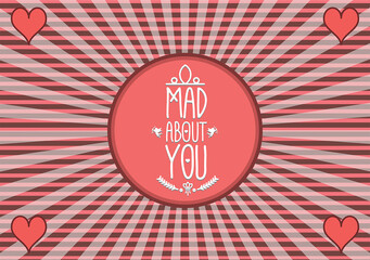 Digital png illustration of red cart with mad about you text and hearts on transparent background