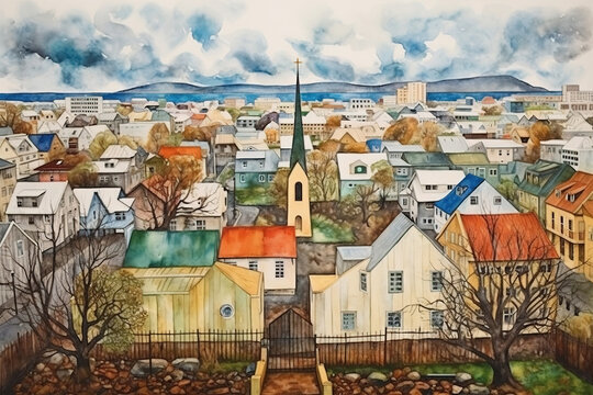 Reykjavik Iceland in watercolor painting