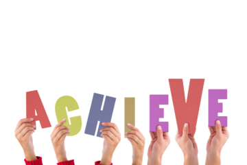 Digital png illustration of hands and achieve text on transparent background