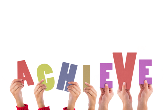 Digital png illustration of hands and achieve text on transparent background