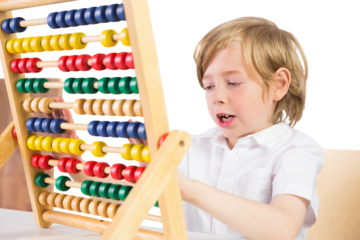 Digital png photo of focused caucasian boy using abacus on transparent background