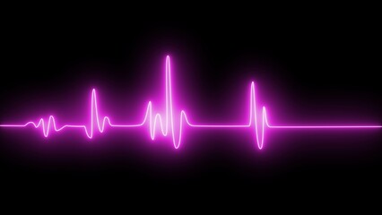 Cardiogram cardiograph oscilloscope screen purple illustration background. Emergency ekg monitoring. purple glowing neon heart pulse.  - obrazy, fototapety, plakaty